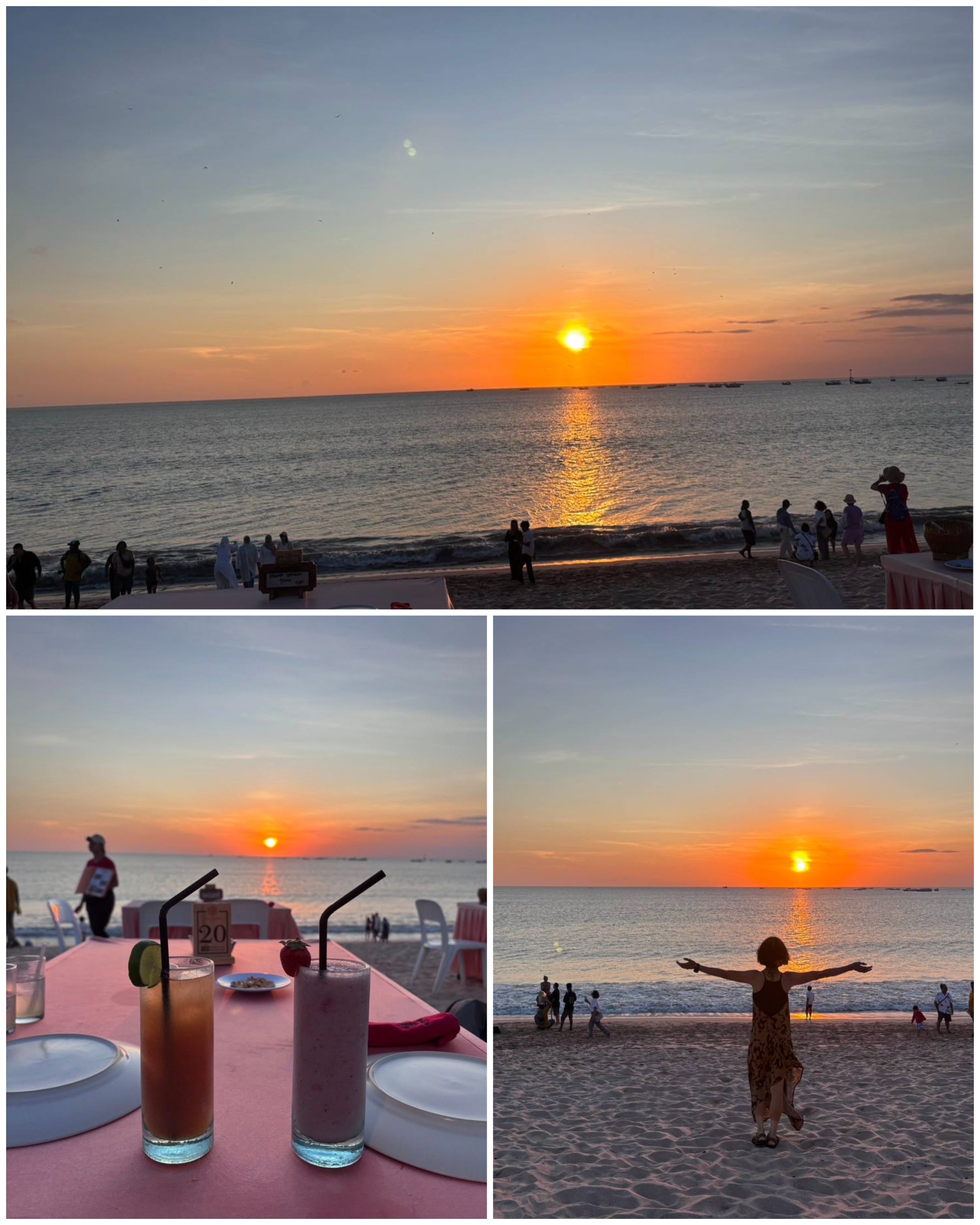 金巴蘭海灘的夕陽，被許多人視為峇里島最浪漫的時刻之一。當太陽緩緩落下，海面被染成一片金橘色，伴隨著海浪聲與微風，氣氛特別迷人。許多遊客喜歡在沙灘上點一桌海鮮燭光晚餐，一邊享受美食，一邊看夕陽沉入印度洋，畫面如詩如畫，也讓金巴蘭成為情侶和家人旅行時不可錯過的浪漫體驗。