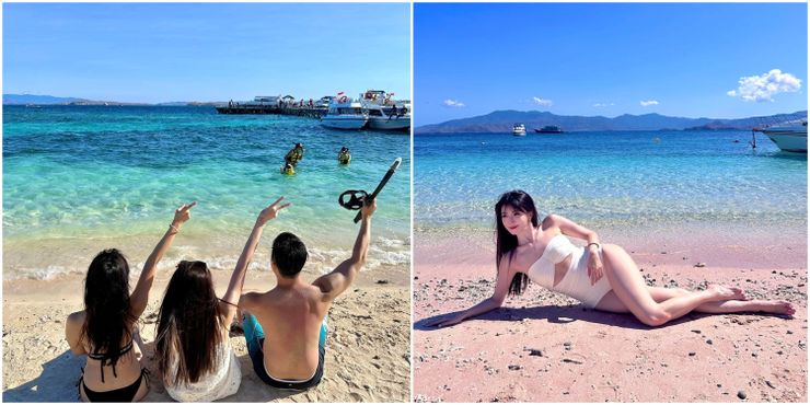 無修圖無濾鏡，真的六個點裡面的每個海灘都美翻，而且人不多不會擁擠。右圖：粉紅沙灘因為是珊瑚礁碎片跟細白沙結合，所以其實蠻刺的。現場看就是有點粉粉的，正中午會偏紅，網路上太粉的顏色應該都有修圖😉（Astrid Chang提供）
