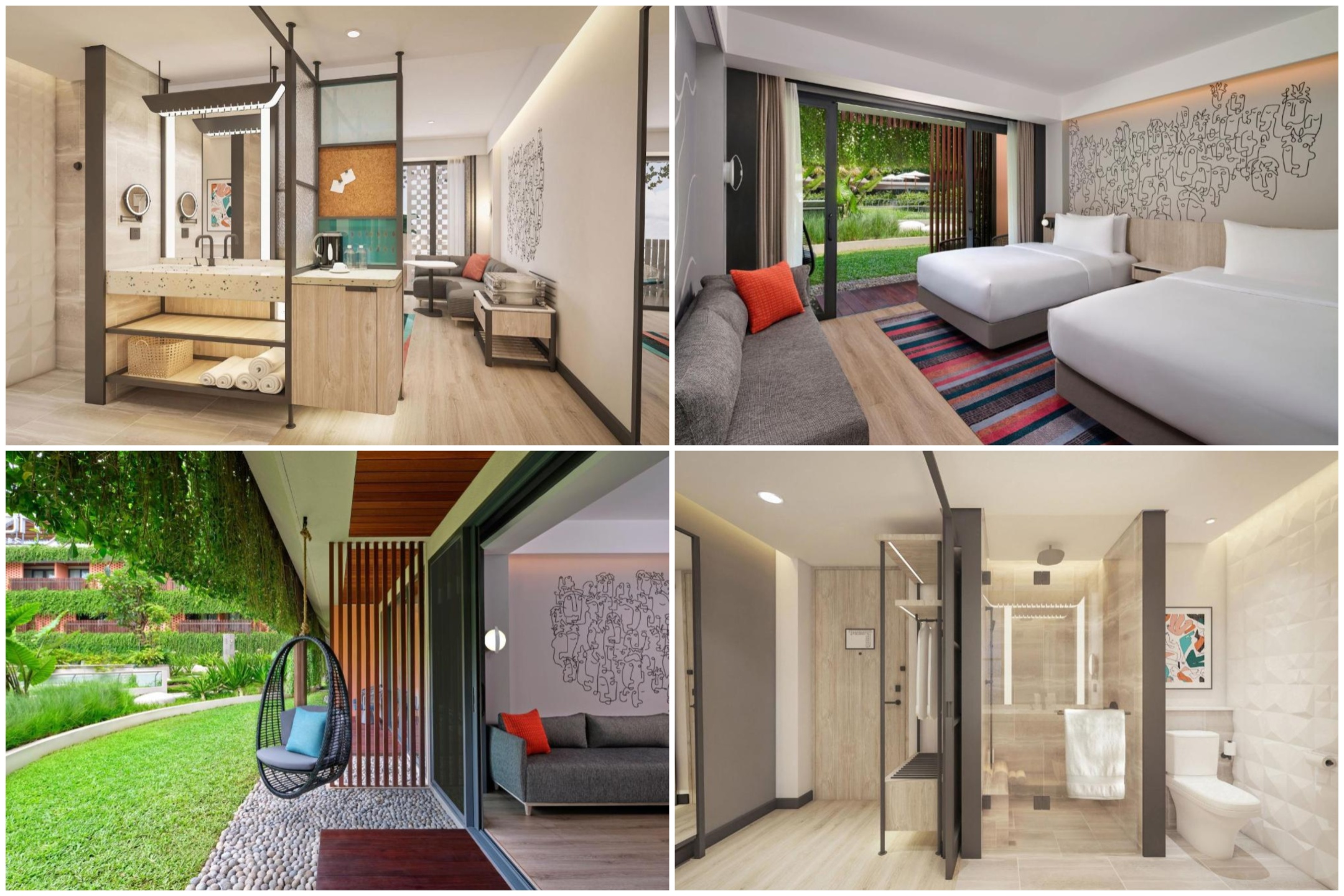 Aloft Kuta的兩張雙人床房型，還有一個mini bar