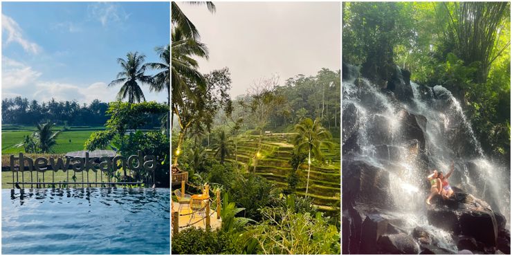 左：TheWakanda hotel with ricefield 中：Tis Cafe 右：Kanto Lampo waterfall