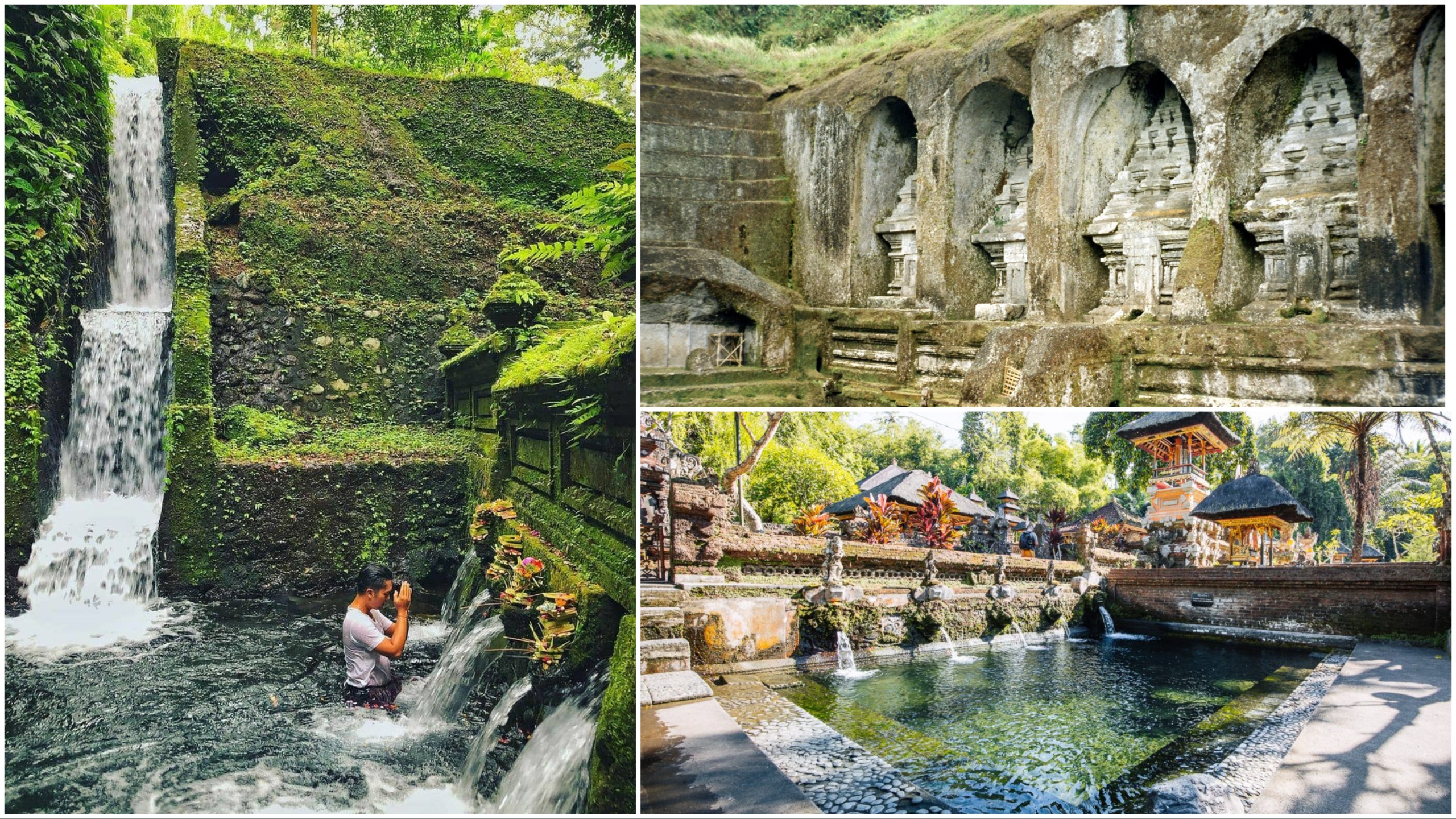 Dalem Pingit聖泉有著圖左的瀑布灌頂/Pura Gunung Kawi聖泉有壯觀的石壁雕刻 