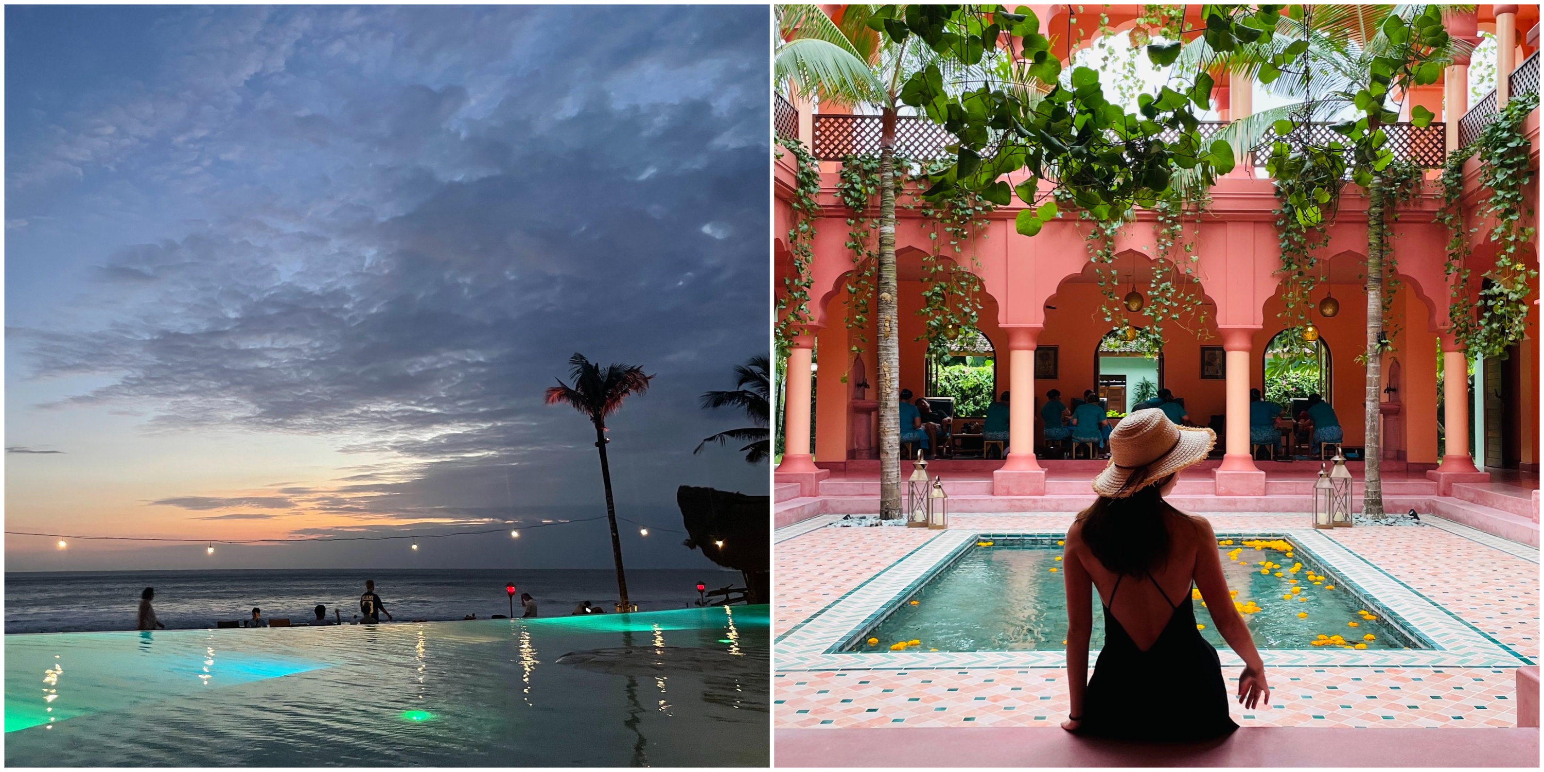 左：Cloudy sky with sunset glow in Mari beach club 右：Bodyworks Spa