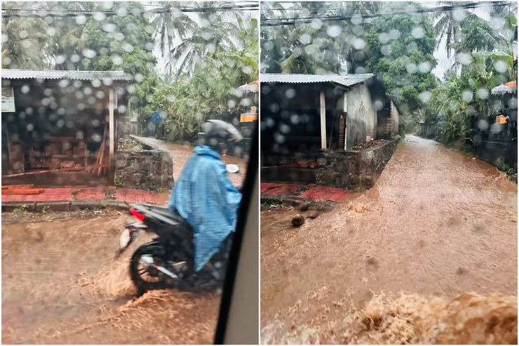 暴雨來襲，趕快開車離開海邊！！經過一些低窪地區，路面都變成河流